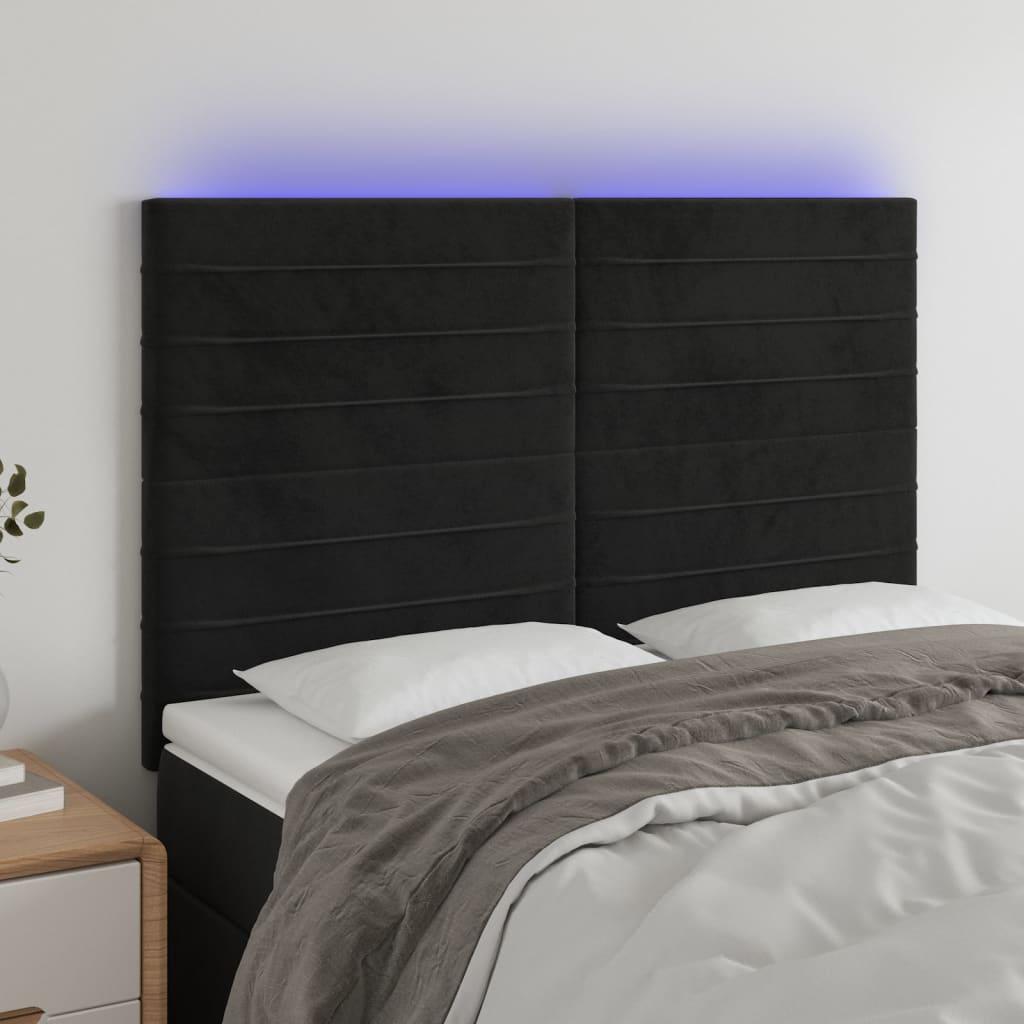 Sengegavl med LED-lys 144x5x118/128 cm fløjl sort billede