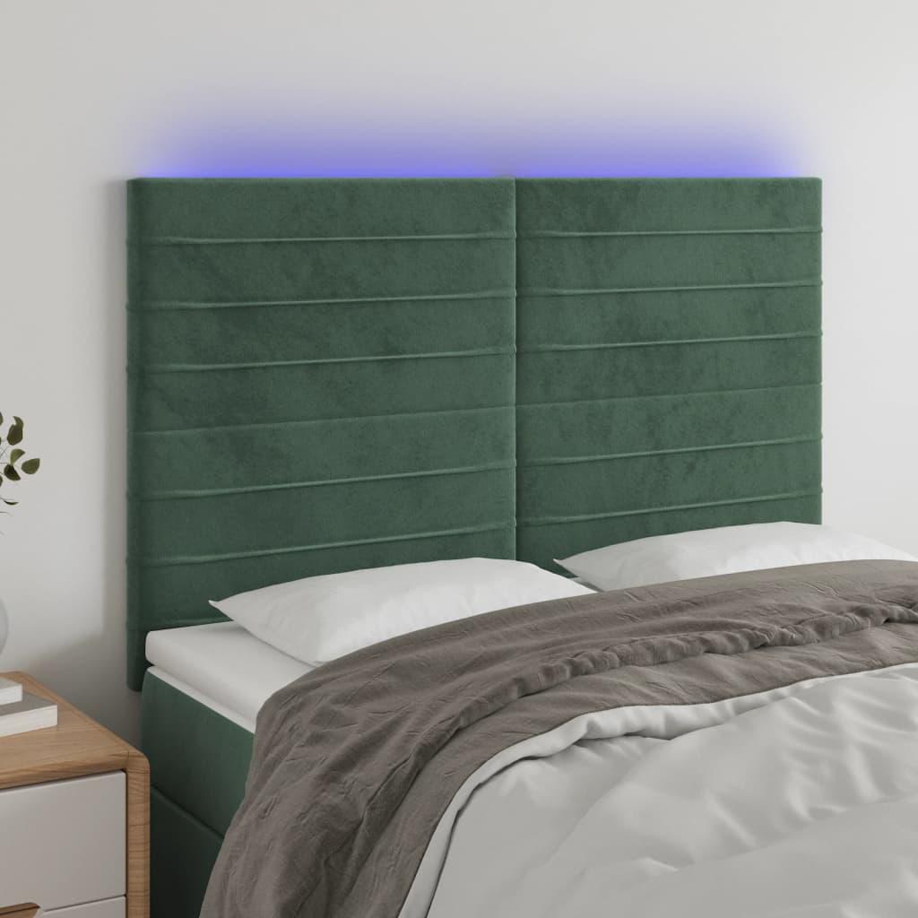 Sengegavl med LED-lys 144x5x118/128 cm fløjl mørkegrøn billede