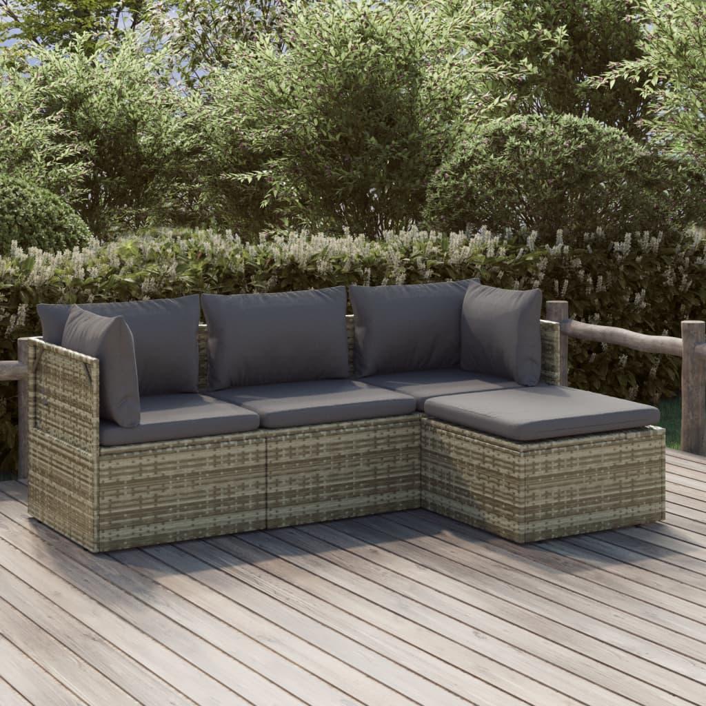 Loungesæt til haven 4 dele med hynder polyrattan grå