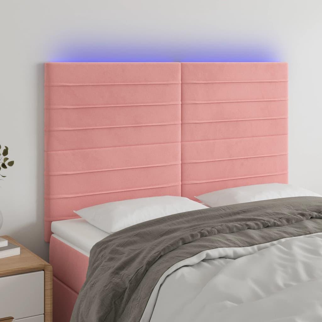 Sengegavl med LED-lys 144x5x118/128 cm fløjl lyserød billede