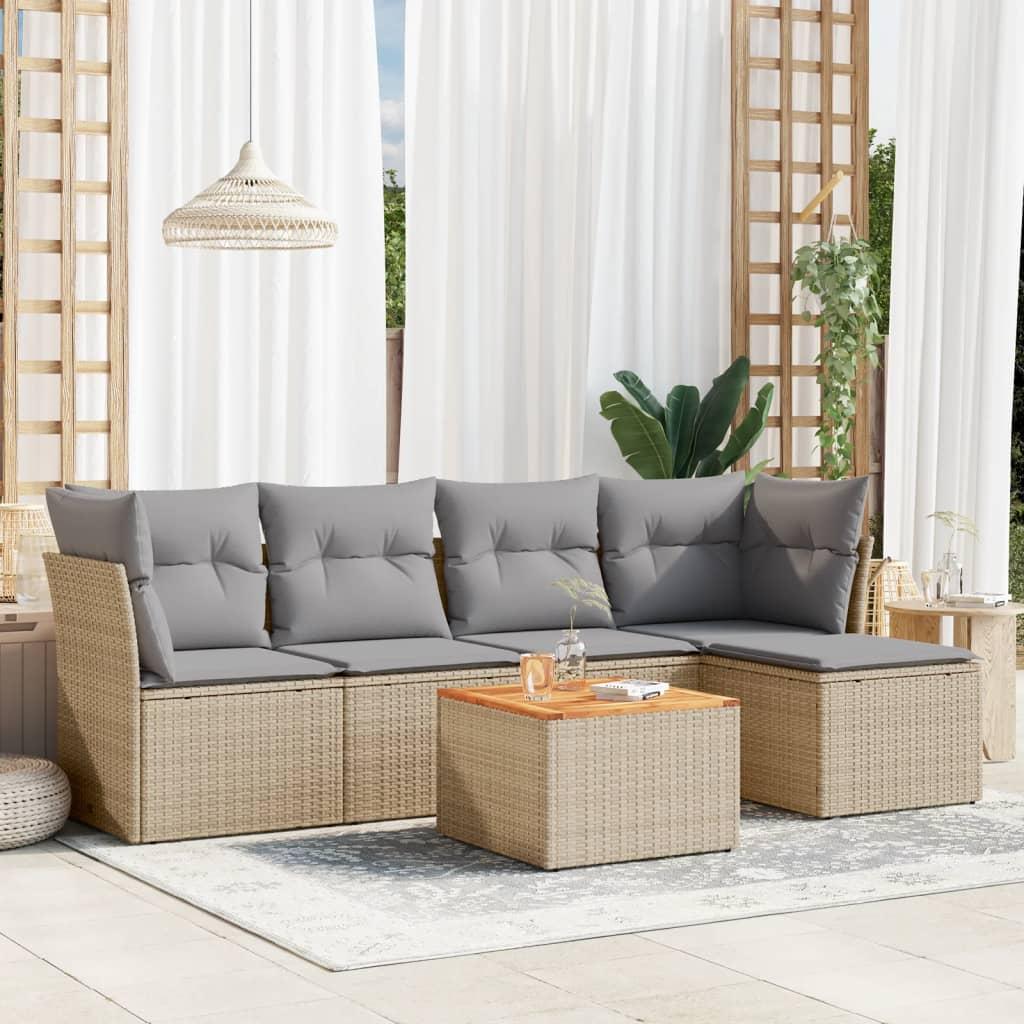 Havesofasæt 6 dele med hynder polyrattan beige