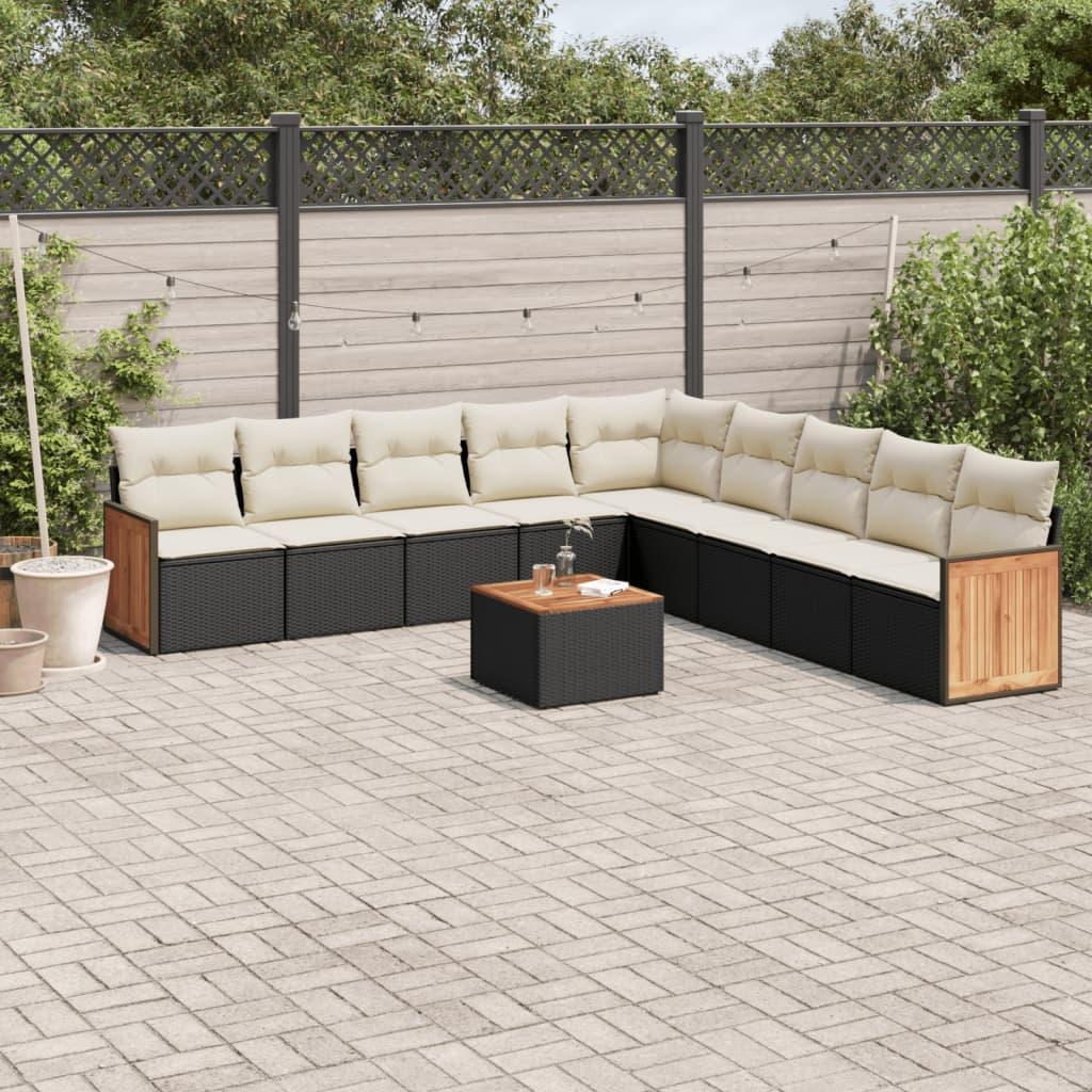 Sofasæt til haven - 10 dele i polyrattan, sort med hynder