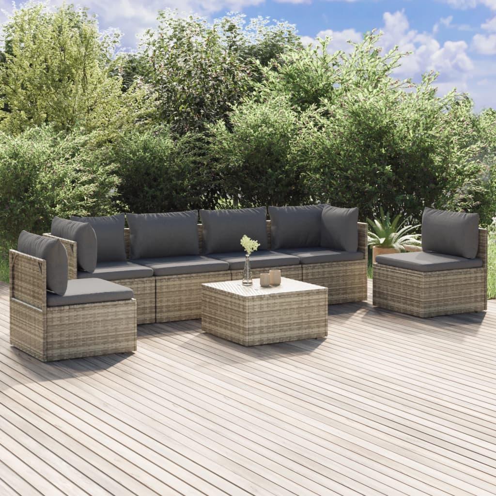 Loungesæt til haven 7 dele med hynder polyrattan grå