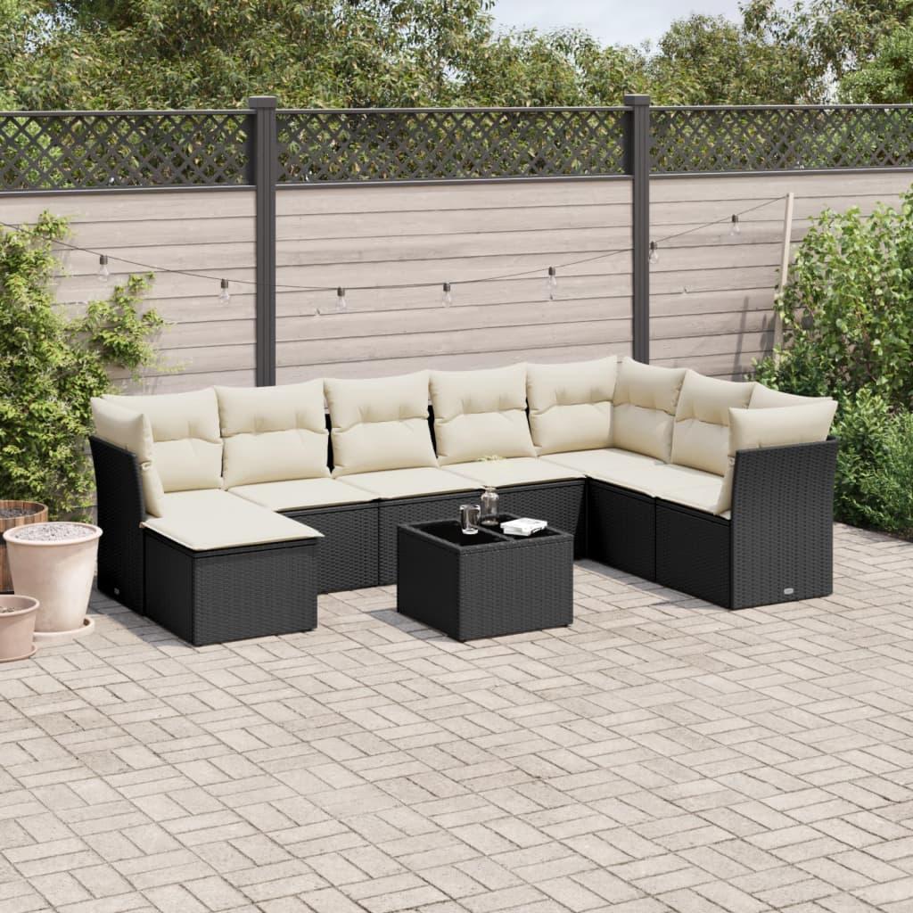 Sofasæt til haven - 9 dele med hynder og opbevaring, polyrattan, sort billede