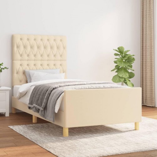 Sengeramme med sengegavl 90x200 cm - stof, cremefarvet