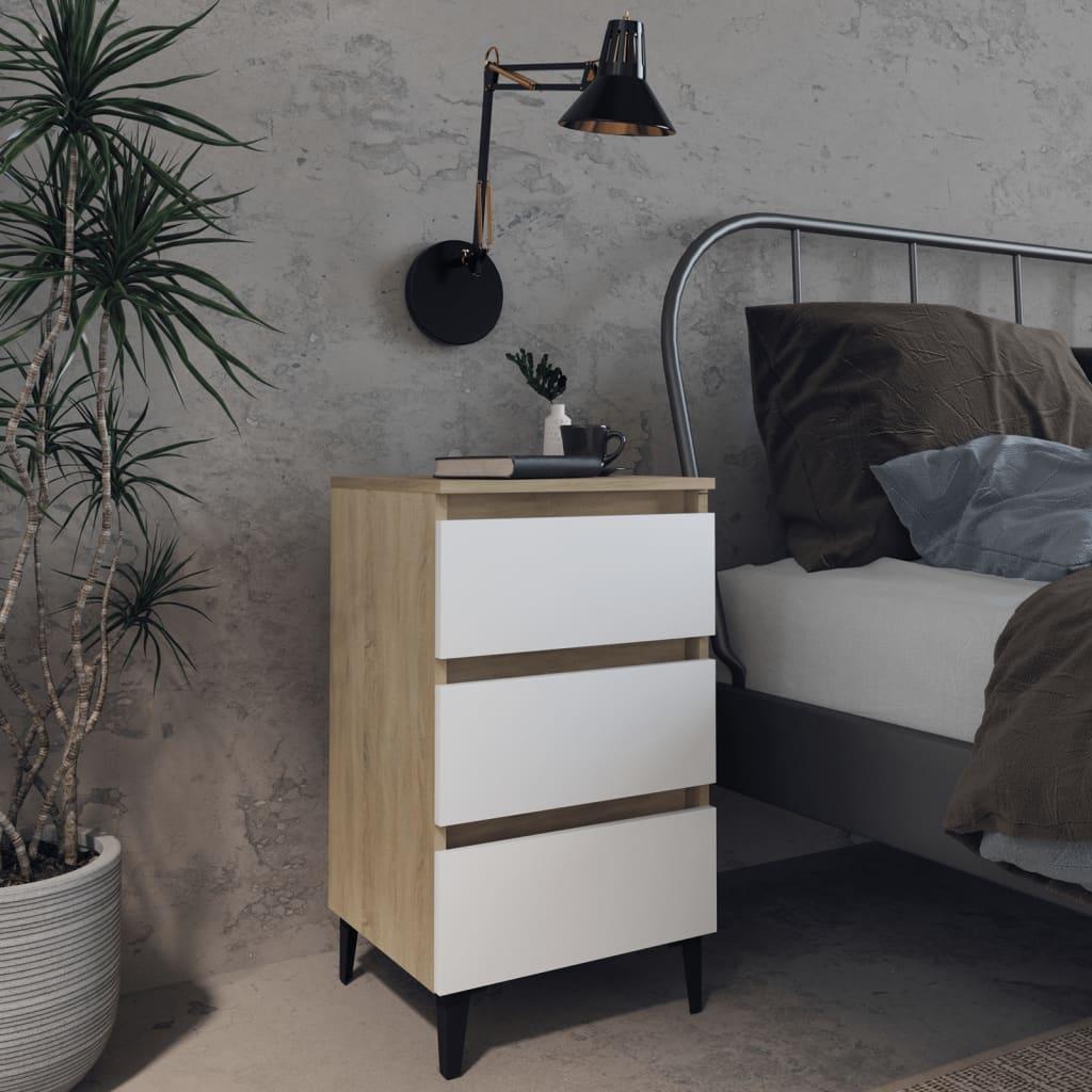 Sengeskab m. metalben 40x35x69 cm hvid og sonoma-eg
