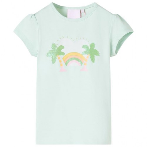 T-shirt til børn str. 104 - lys mintgrøn med regnbue og palmer