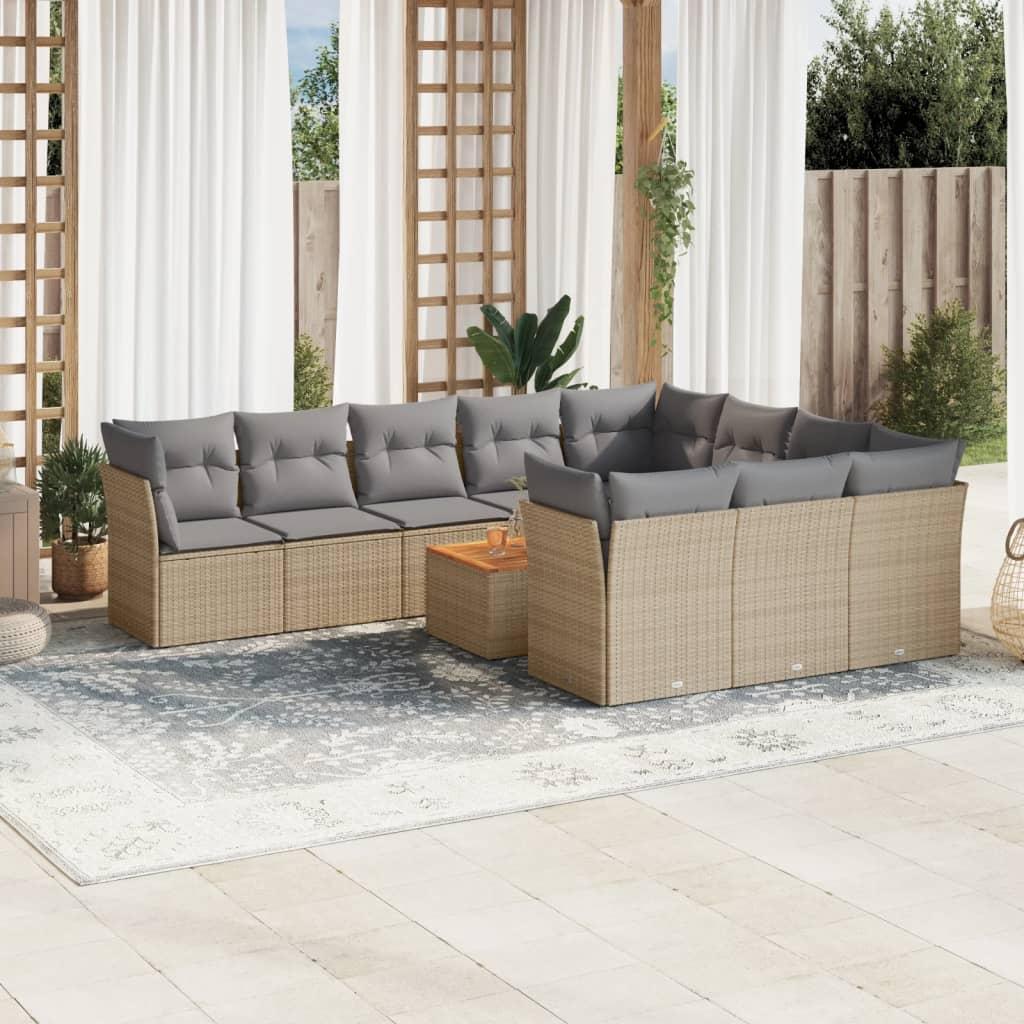 Havesofasæt 11 dele med hynder polyrattan beige