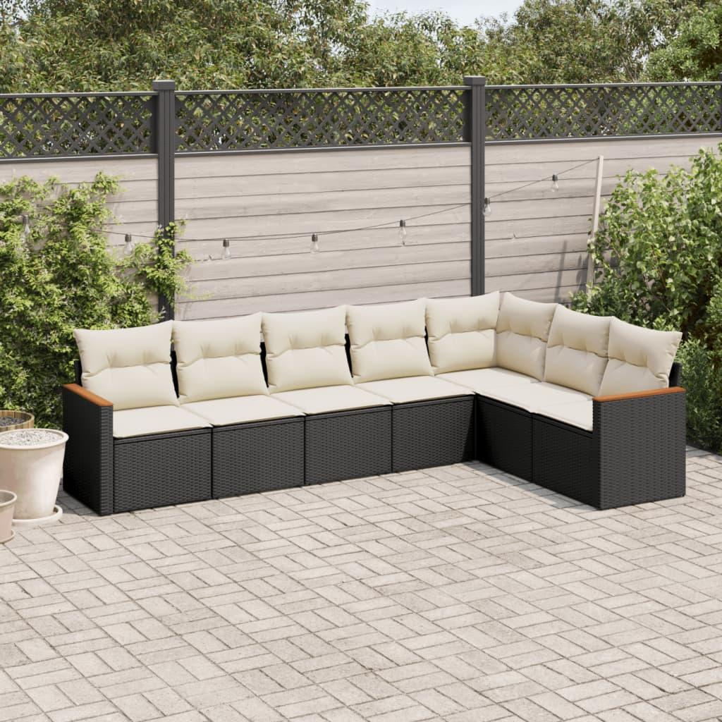 Havesofasæt i polyrattan - 7 dele med hynder, sort