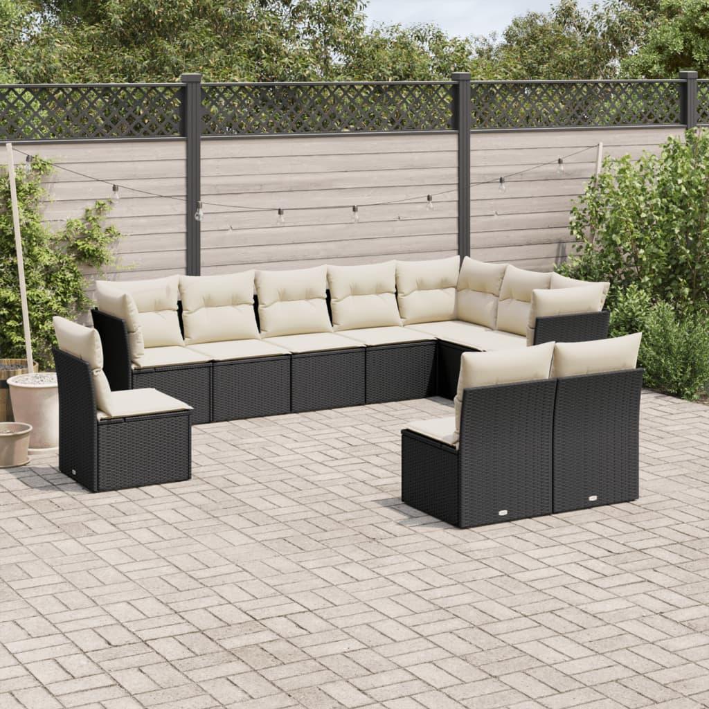 Sofasæt til haven i polyrattan - 10 dele med hynder, sort
