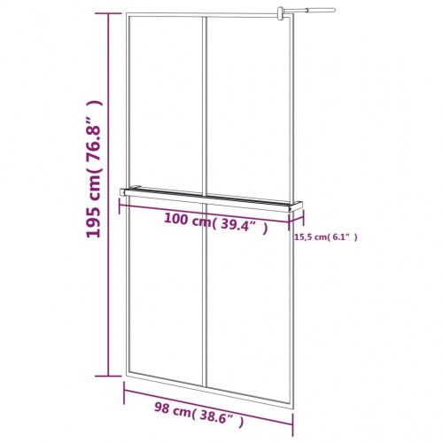 Brusevæg med hylde 100x195 cm sikkerhedsglas og aluminium sort