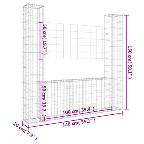 Gabionkurv med 2 stolper 140x20x150 cm U-facon jern