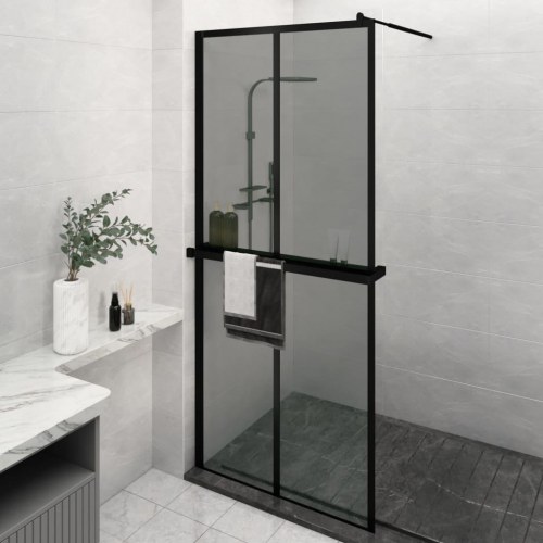Brusevæg med hylde 100x195 cm sikkerhedsglas og aluminium sort