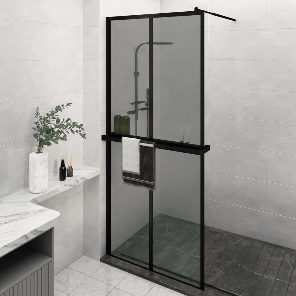 Brusevæg med hylde 100x195 cm sikkerhedsglas og aluminium sort