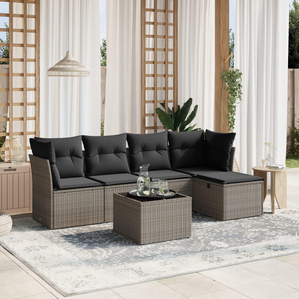 Sofasæt til haven i polyrattan - 6 dele med hynder, grå