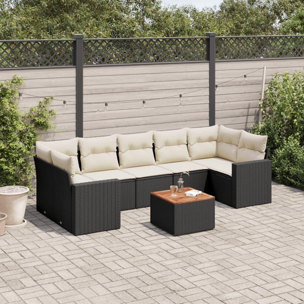 Havesofasæt i polyrattan - 8 dele med hynder, sort