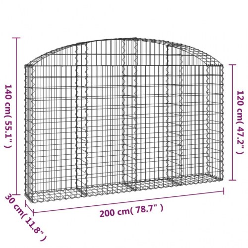Buet gabionkurv 200×30×120/140 cm i galvaniseret jern - dekorativ stenvæg/afskærmning