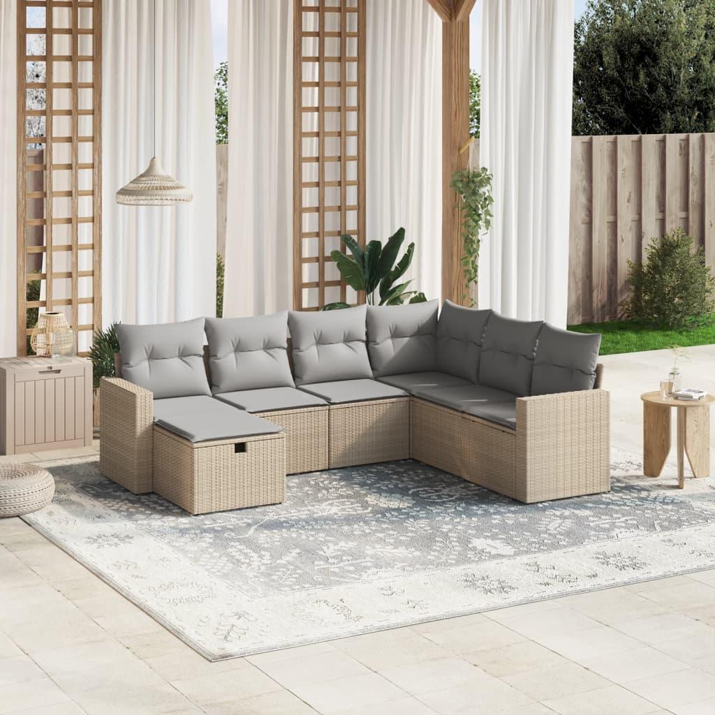 Havesofasæt 7 dele med hynder polyrattan beige