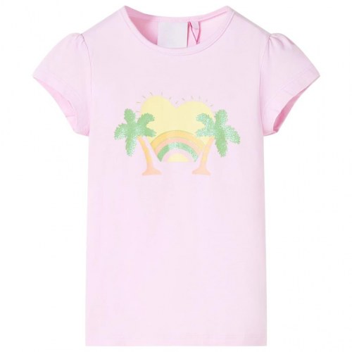 T-shirt til børn str. 116 - lyserød med regnbue og palmer