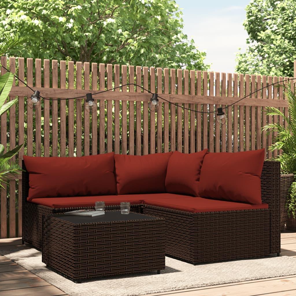 Loungesæt til haven 4 dele med hynder polyrattan brun