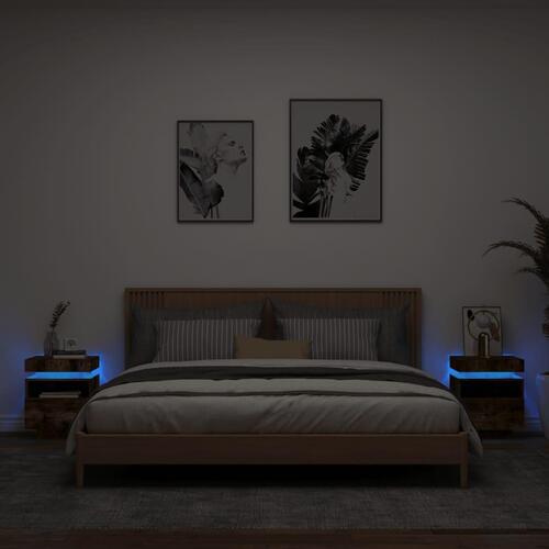 Sengeborde 2 stk. med LED-lys 40x39x48,5 cm røget egetræsfarve