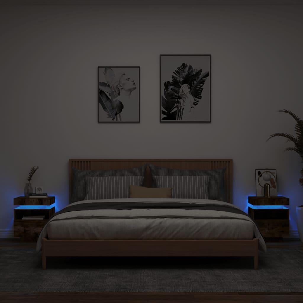 Sengeborde 2 stk. med LED-lys 40x39x48,5 cm røget egetræsfarve