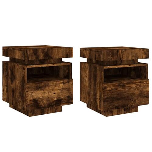 Sengeborde 2 stk. med LED-lys 40x39x48,5 cm røget egetræsfarve
