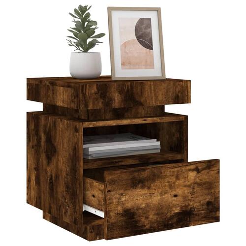 Sengeborde 2 stk. med LED-lys 40x39x48,5 cm røget egetræsfarve