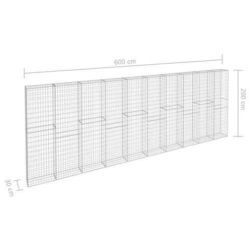 Gabionvæg med dæksler galvaniseret stål 600 x 30 x 200 cm