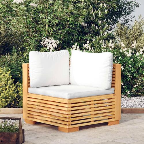 Hjørnemodul til havesofa med cremefarvede hynder massivt teak