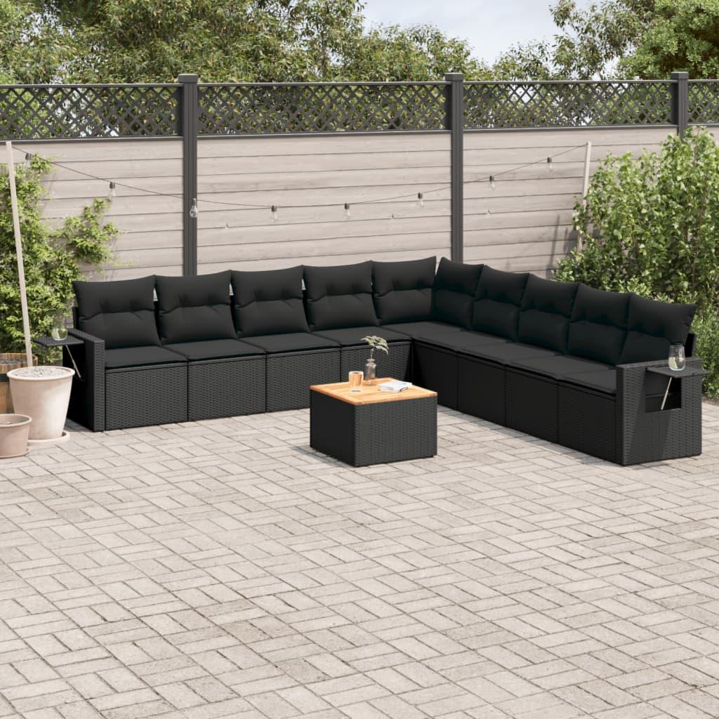 Sofasæt til haven 10 dele med hynder i polyrattan sort