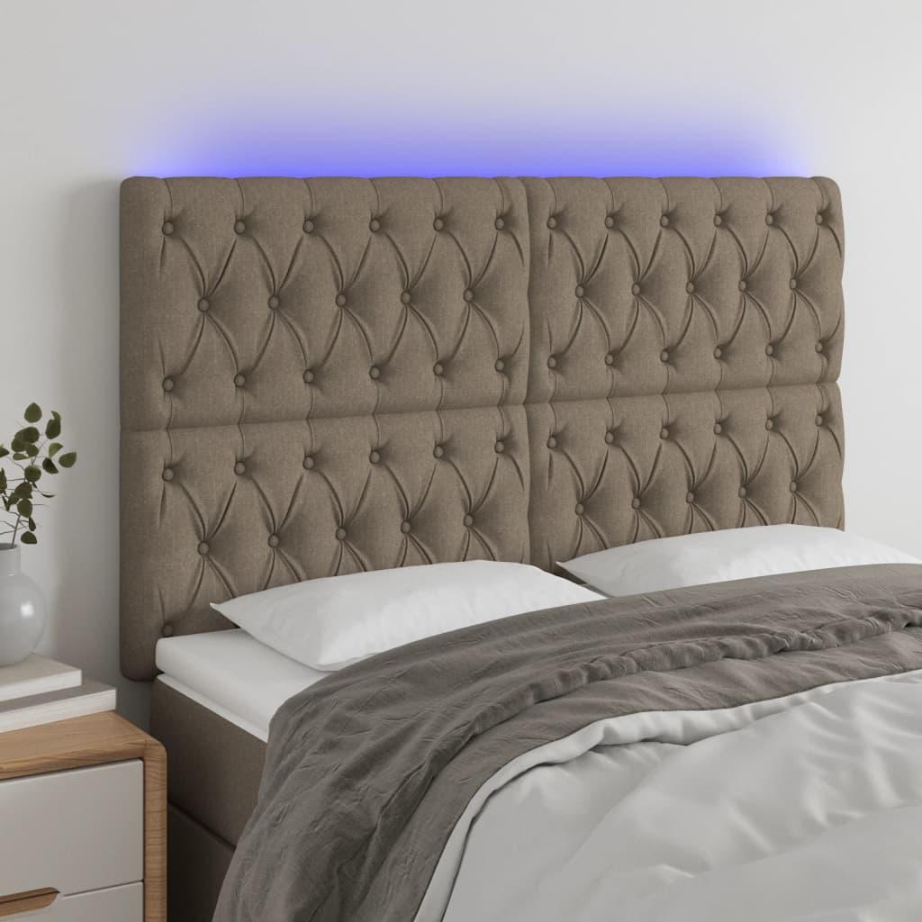 Sengegavl med LED-lys 144x7x118/128 cm stof gråbrun billede