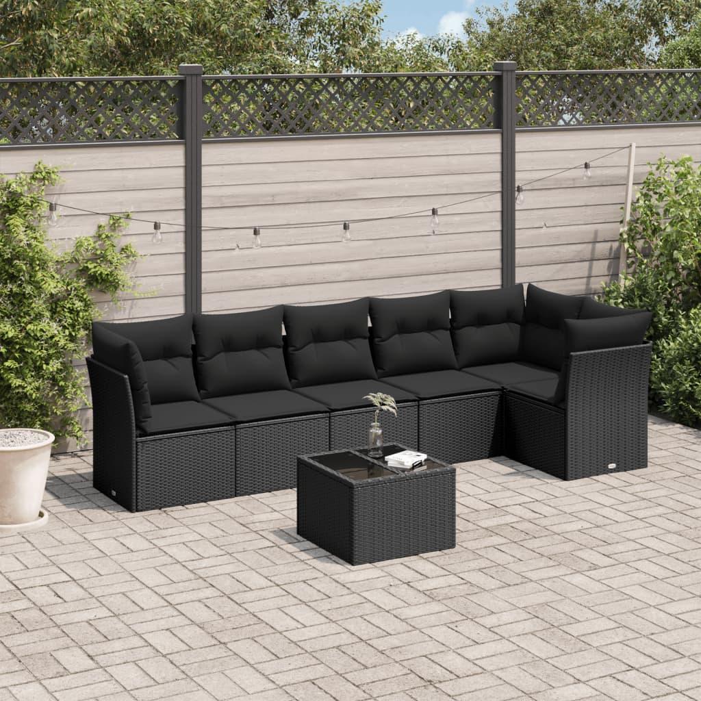 Sofasæt til haven i polyrattan - 7 dele med hynder, sort