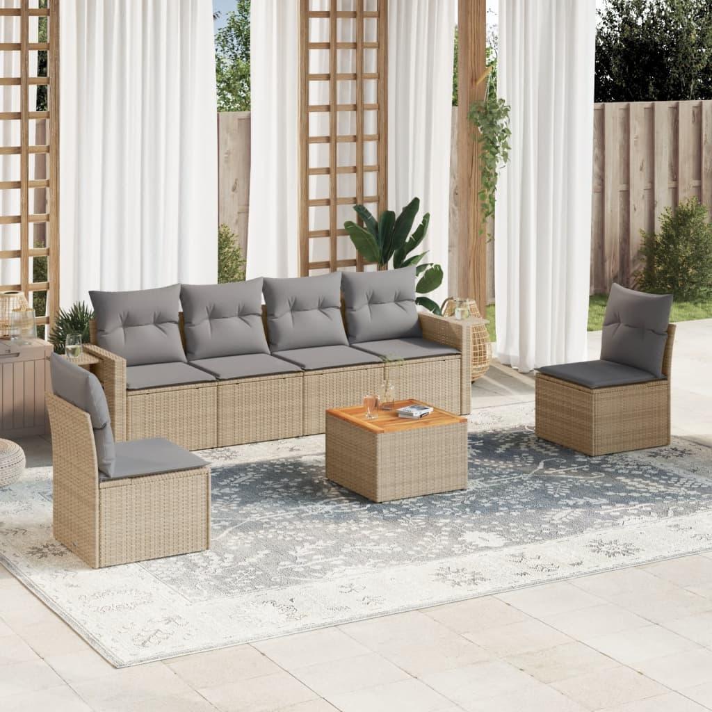 Havesofasæt 7 dele med hynder polyrattan beige