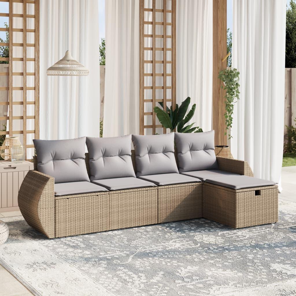 Havesofasæt 5 dele med hynder polyrattan beige
