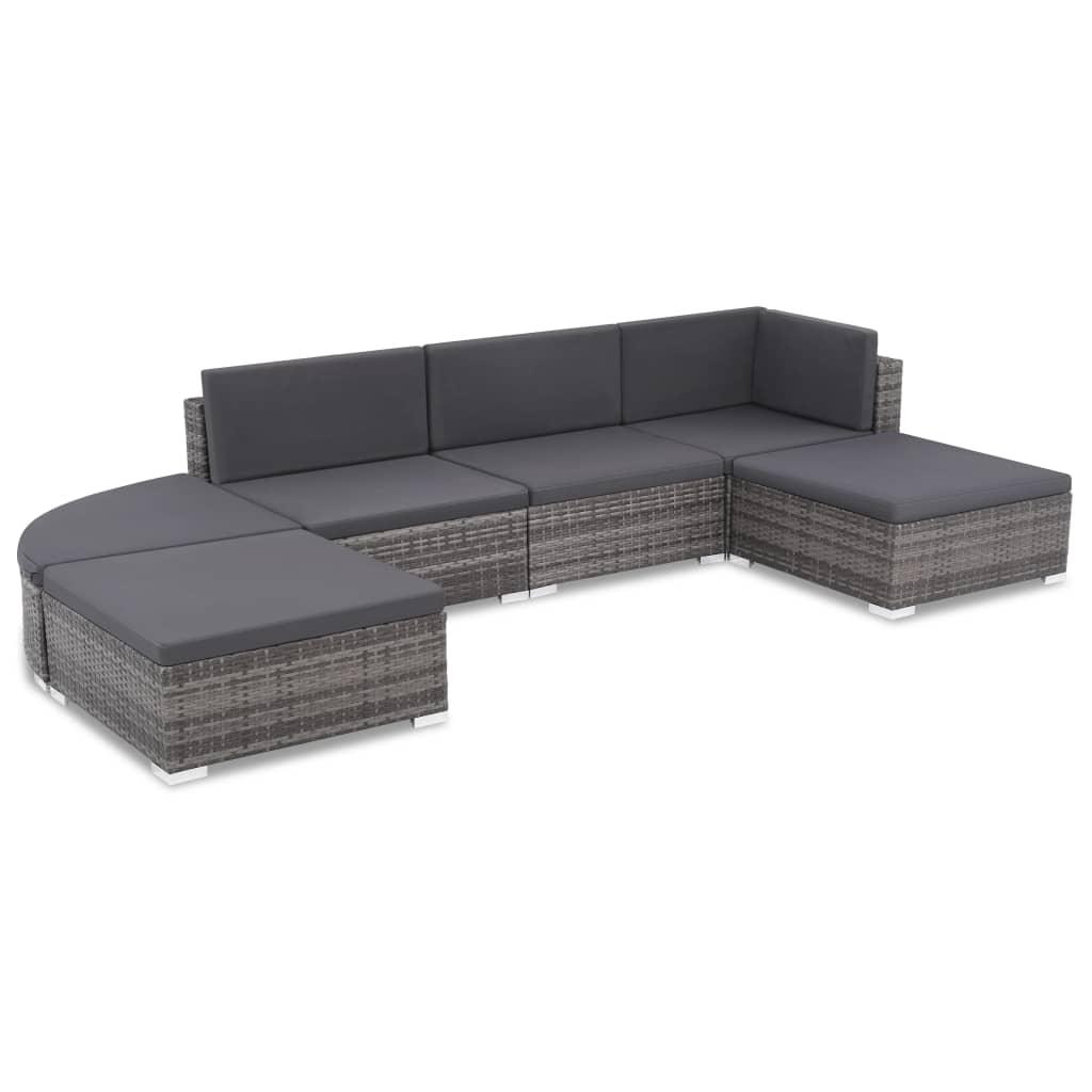 Haveloungesæt 6 dele med hynder polyrattan grå