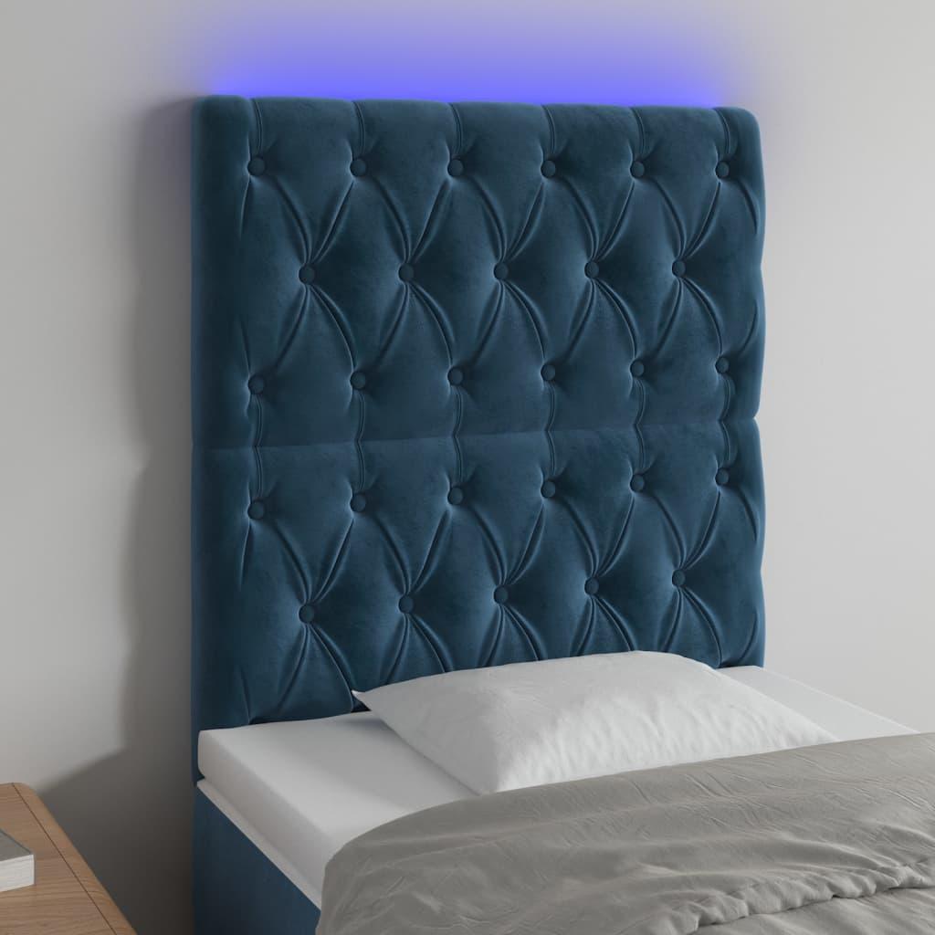 Sengegavl med LED-lys 80x7x118/128 cm fløjl mørkeblå
