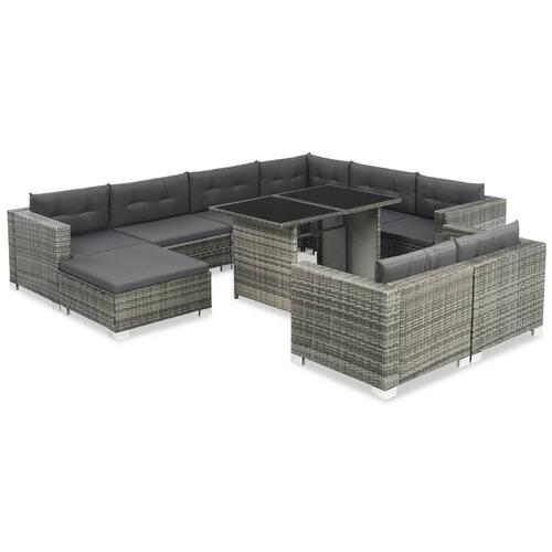 Haveloungesæt 10 dele med hynder polyrattan grå