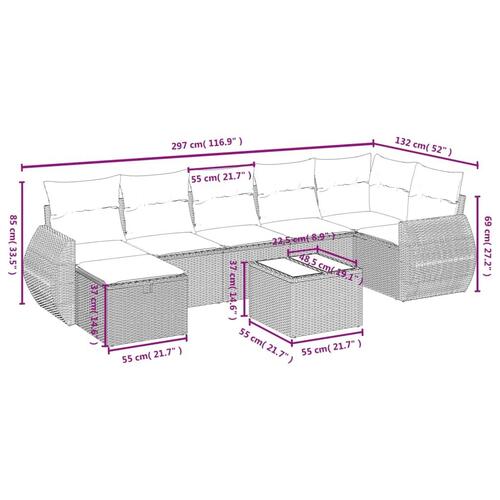 Havesofasæt 8 dele med hynder polyrattan beige