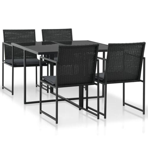 Udendørs spisebordssæt 5 dele med hynder polyrattan sort