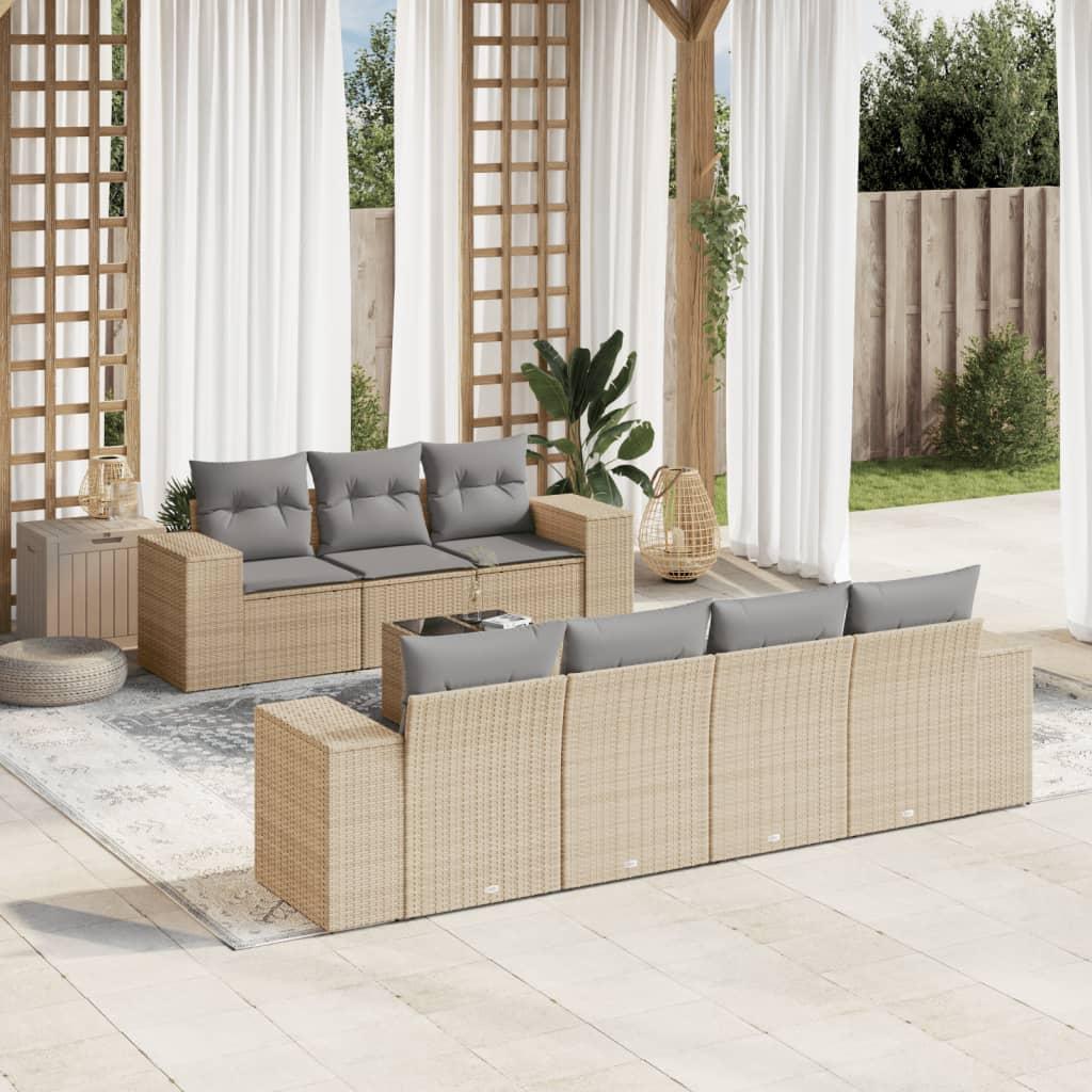 Sofasæt til haven i polyrattan - 8 dele med hynder, beige billede