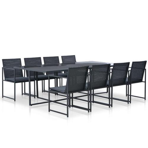 Udendørs spisebordssæt 9 dele med hynder polyrattan sort