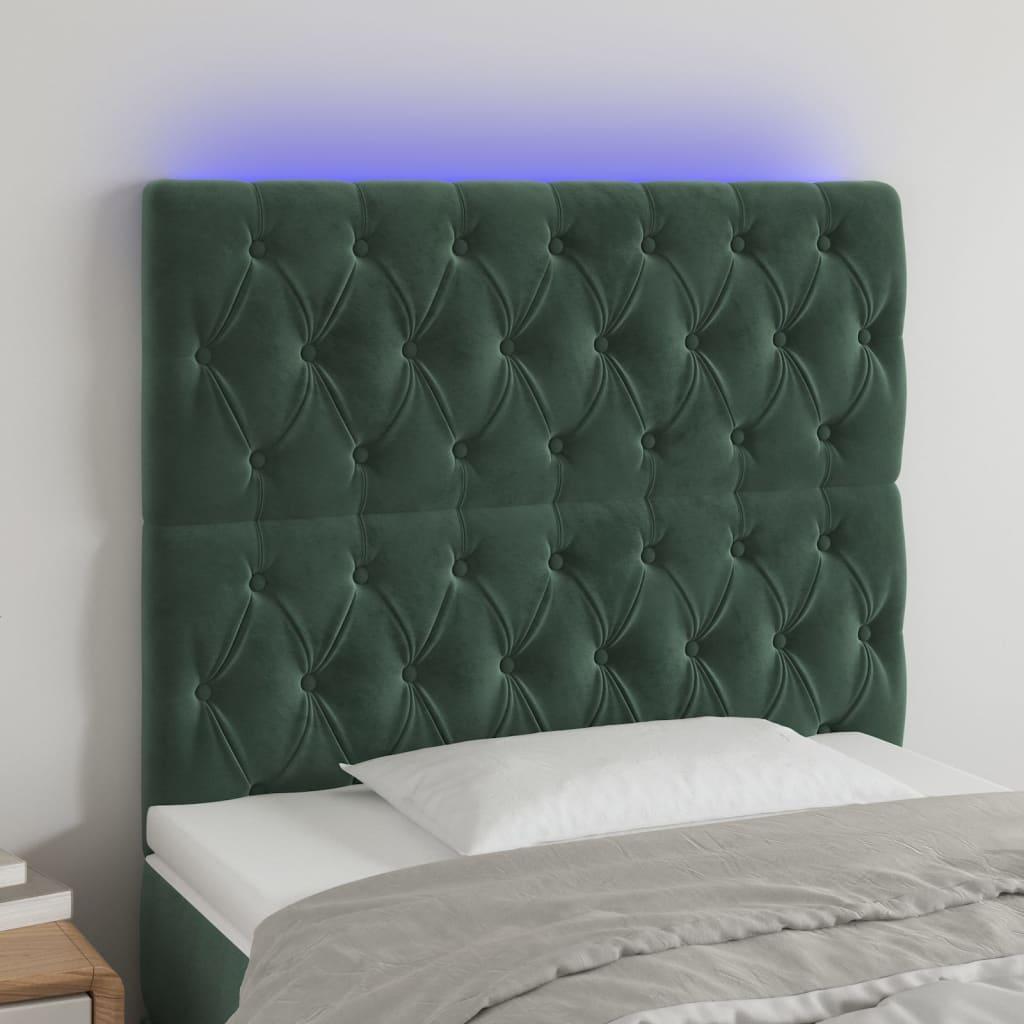 Sengegavl med LED-lys 100x7x118/128 cm fløjl mørkegrøn billede