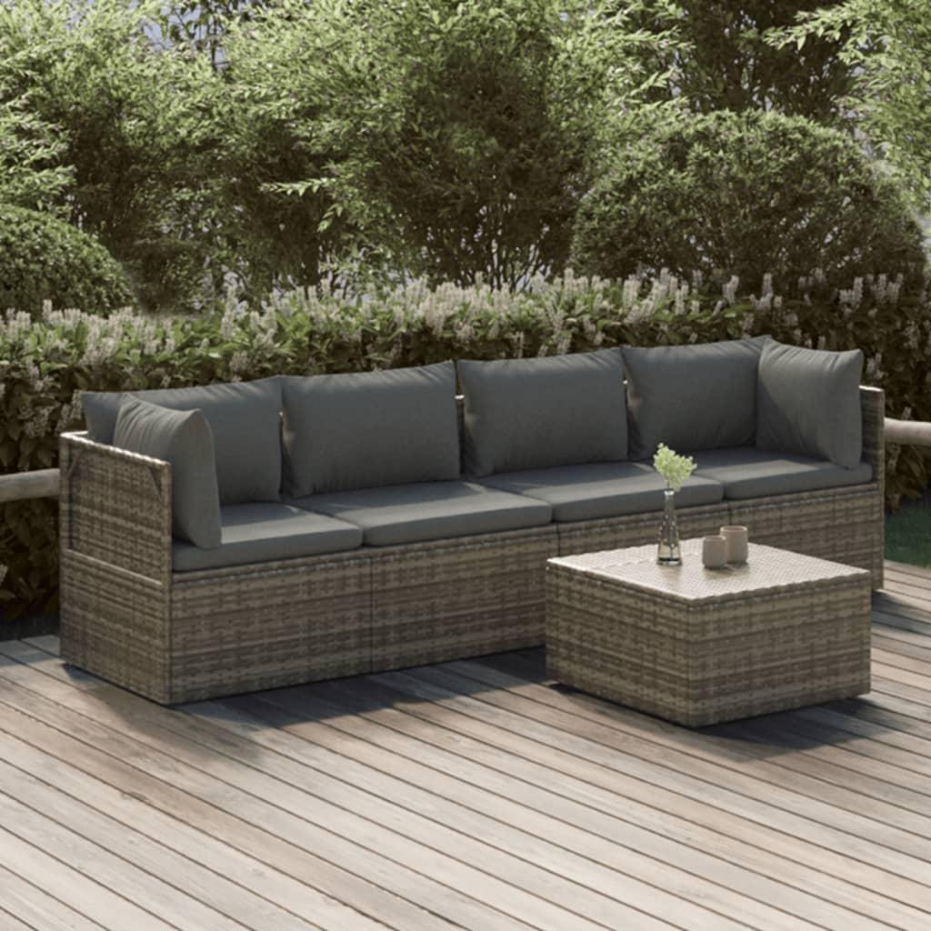 Loungesæt til haven 5 dele med hynder polyrattan grå