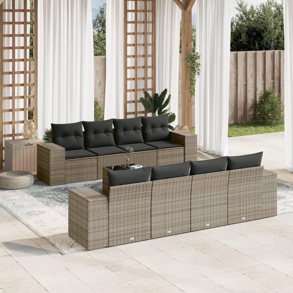 Sofasæt til haven i polyrattan - 9 dele med hynder, grå