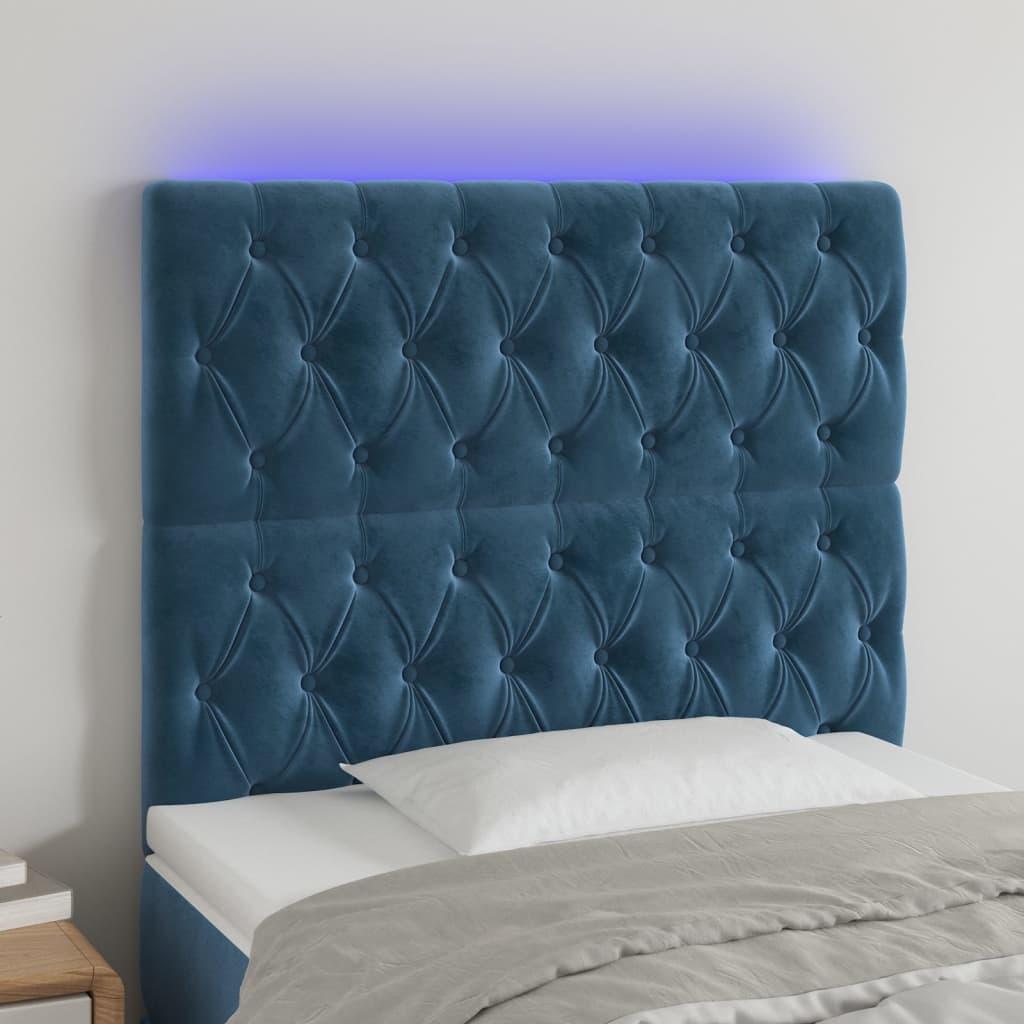 Sengegavl med LED-lys 100x7x118/128 cm fløjl mørkeblå billede