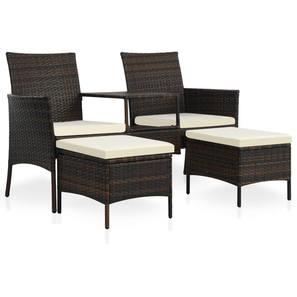 2-personers havesofa med bord og skamler polyrattan brun