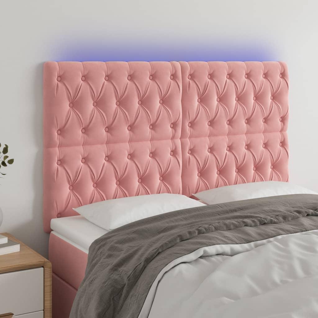 Sengegavl med LED-lys 160x7x118/128 cm fløjl lyserød billede