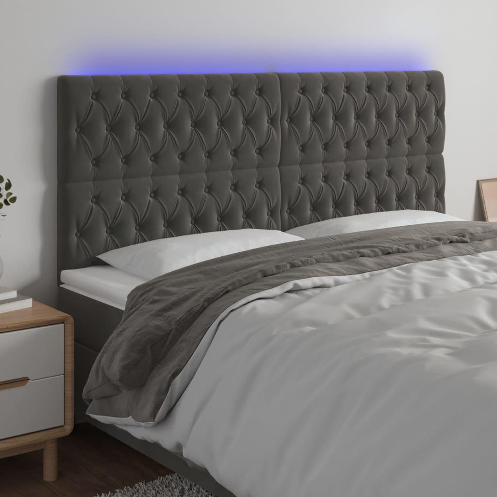 Sengegavl med LED-lys 180x7x118/128 cm fløjl mørkegrå