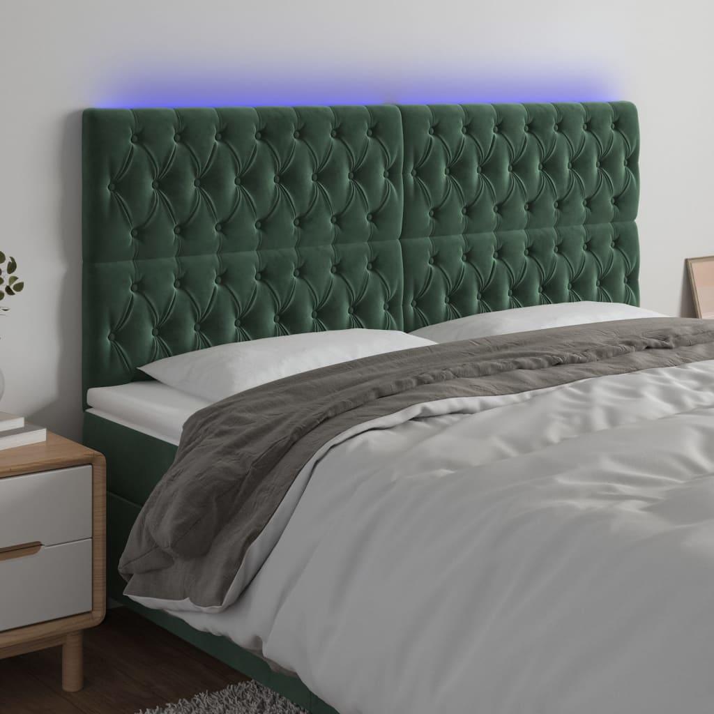 Sengegavl med LED-lys 180x7x118/128 cm fløjl mørkegrøn